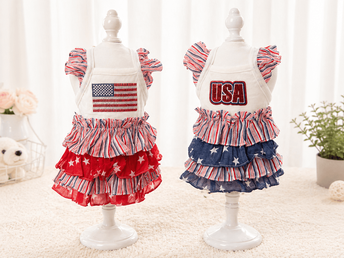 USA Flag Patriotic Dog Dress for 4th of July Fursace Luxury Dog Plush Toy - red Red Squeaky | Cookies Wagging Friends Boutique Cookies Wagging Friends Boutique