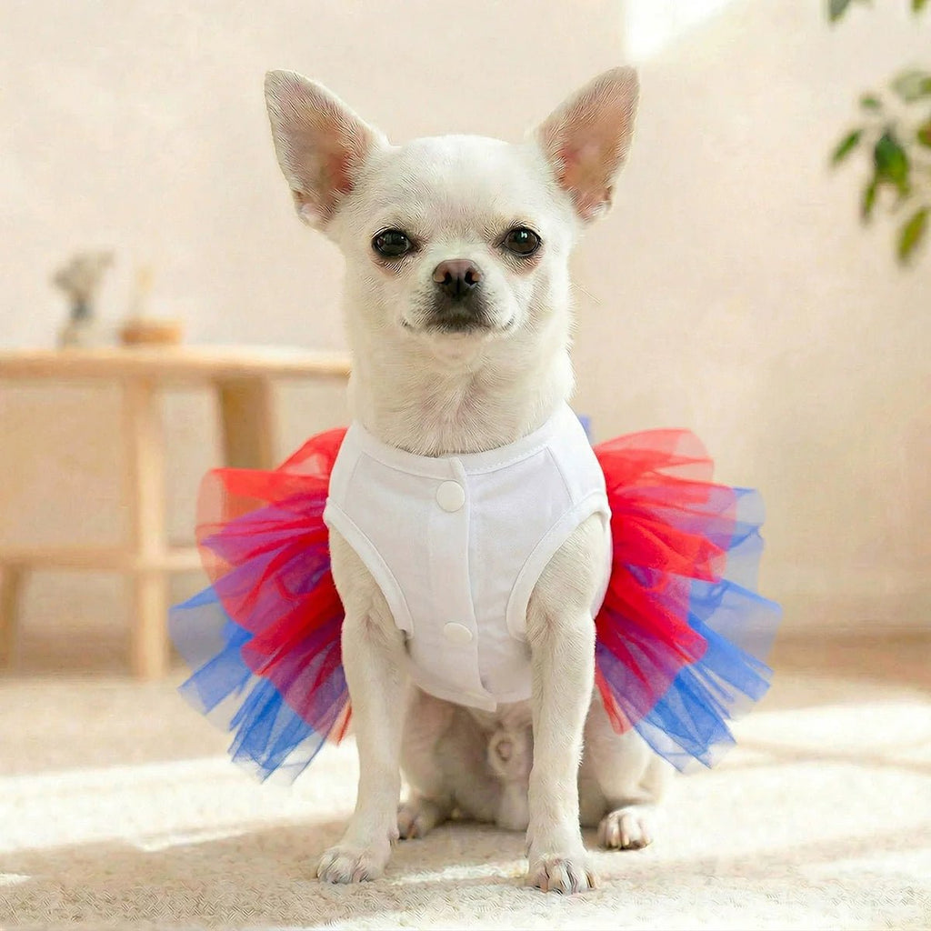 White dog tutu dress with red and blue layered tulle ruffle skirt