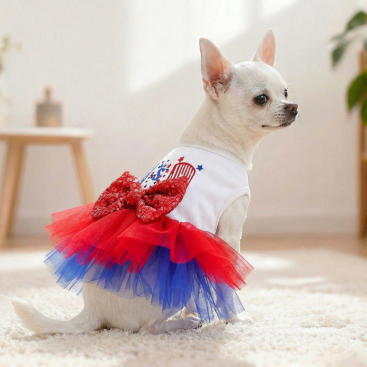 White dog tutu dress with red sequined bow and red-blue tulle tutu skirt