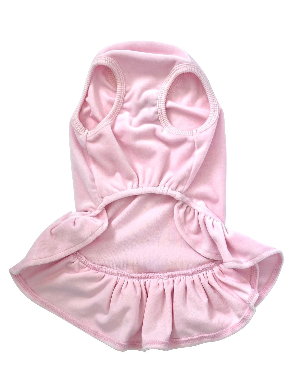 Pink velour pet dress with hood, ruffled cuffs, and flared ruffle skirt