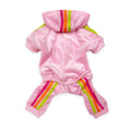 Pink velour dog jogger with rainbow-striped cuffs and hood, front pouch