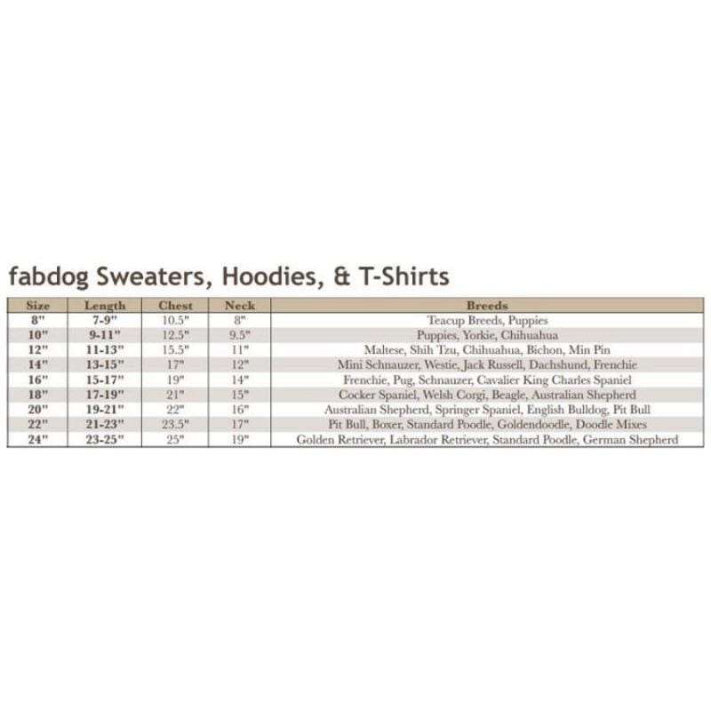 Fabdog size chart for sweatshirts, hoodies, and T-shirts with dog measurements