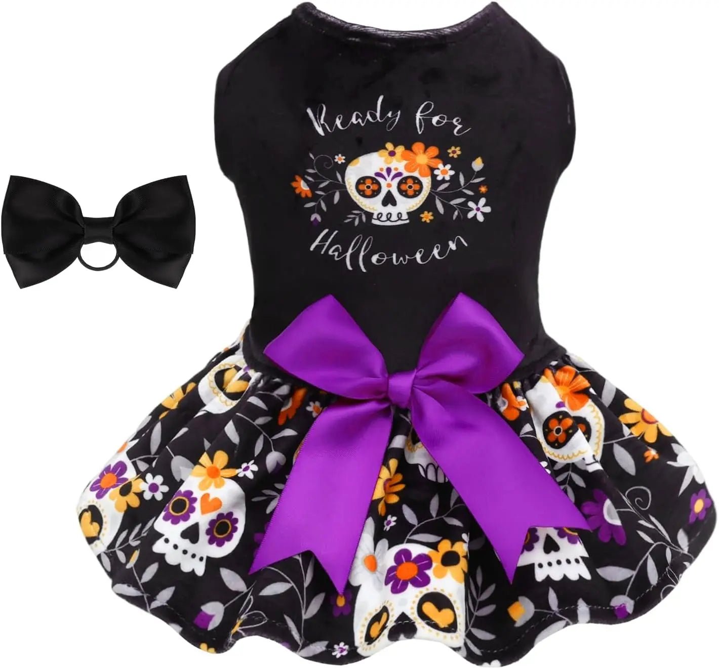 Small dog velvet Halloween dress with purple bow and orange-themed printed skirt
