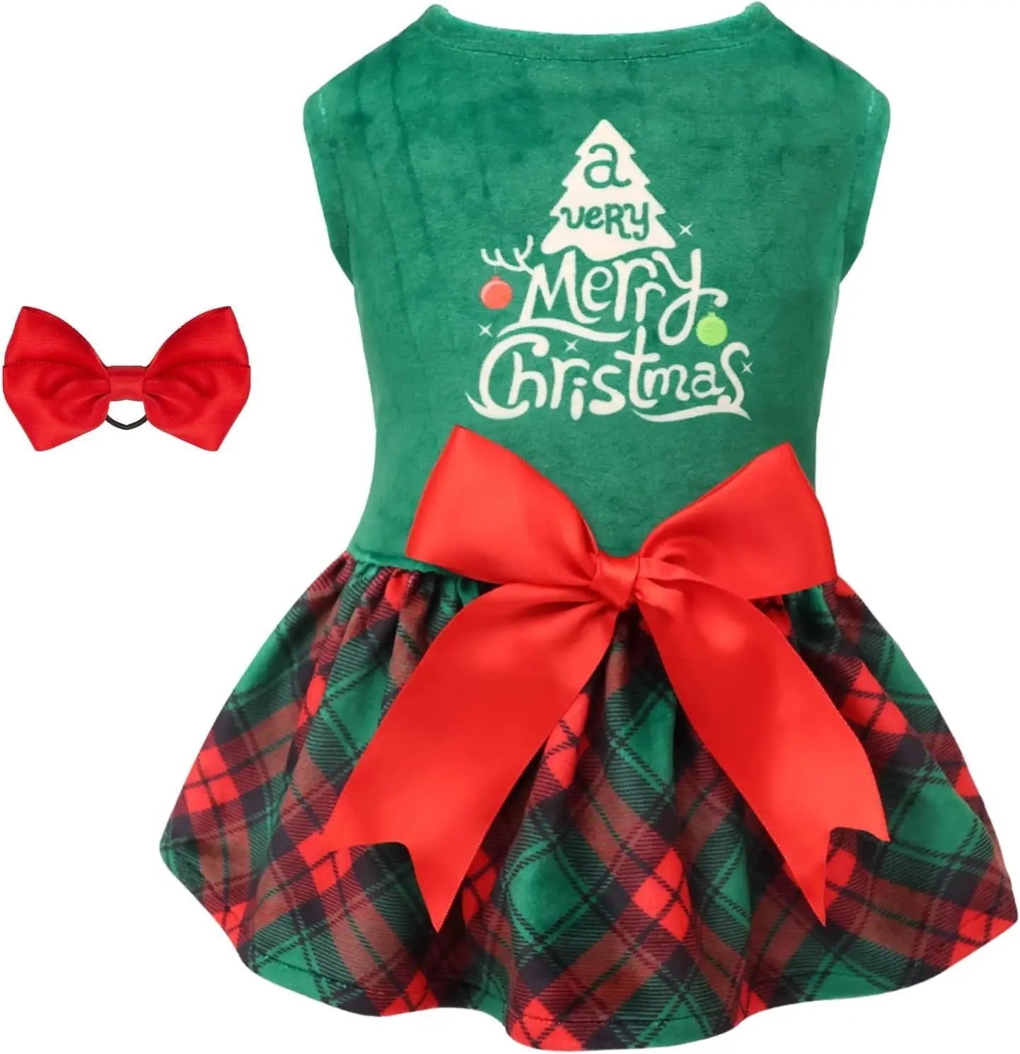 Green velvet dog dress with Very Merry Christmas print, red bow, plaid skirt
