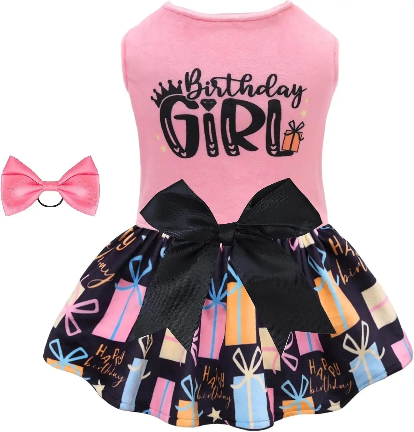 Pink velvet dog dress with Birthday Girl text and black bow over colorful skirt