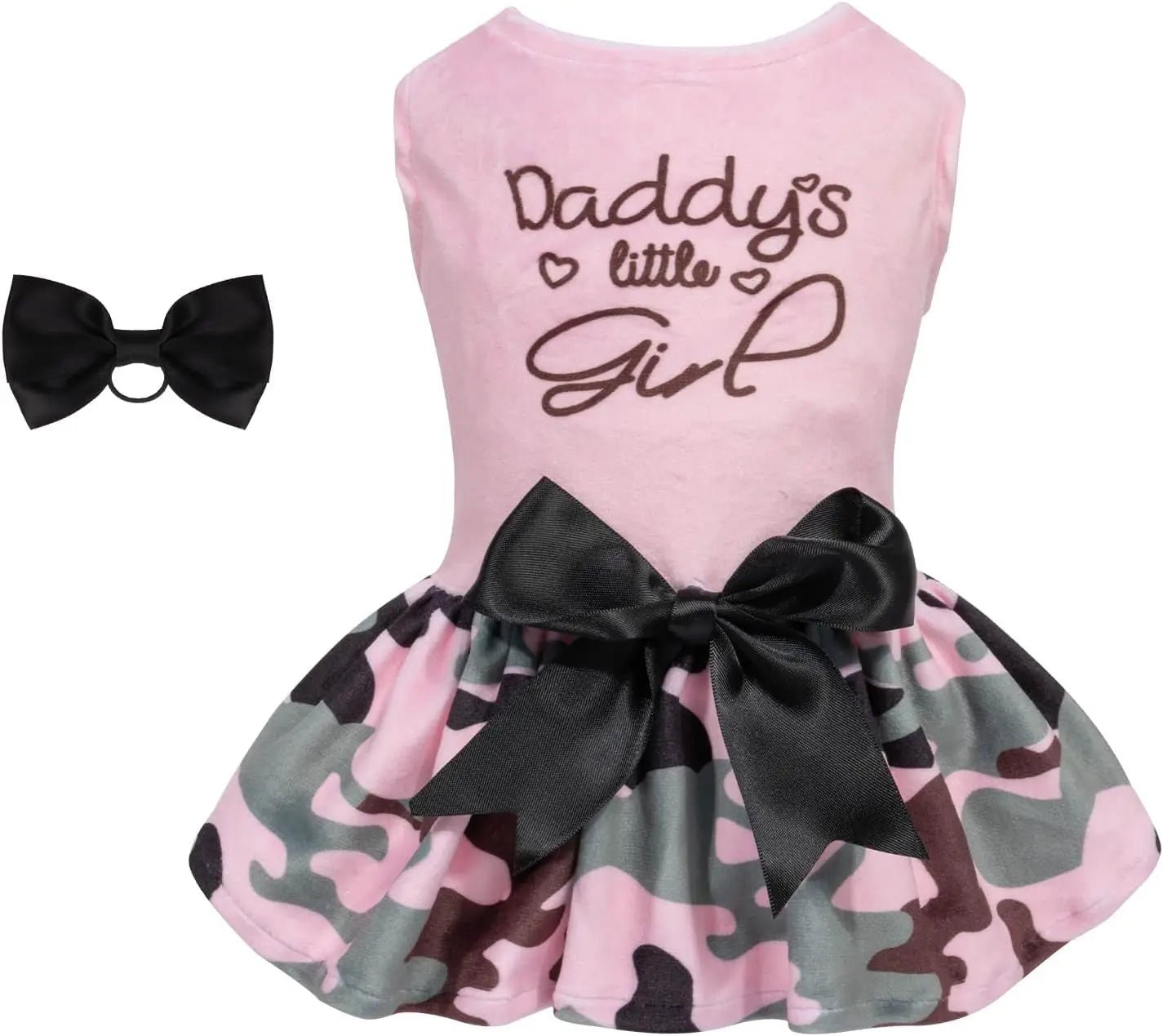 Father’s little girl velvet dog dress with black bow and pink camouflage-style skirt