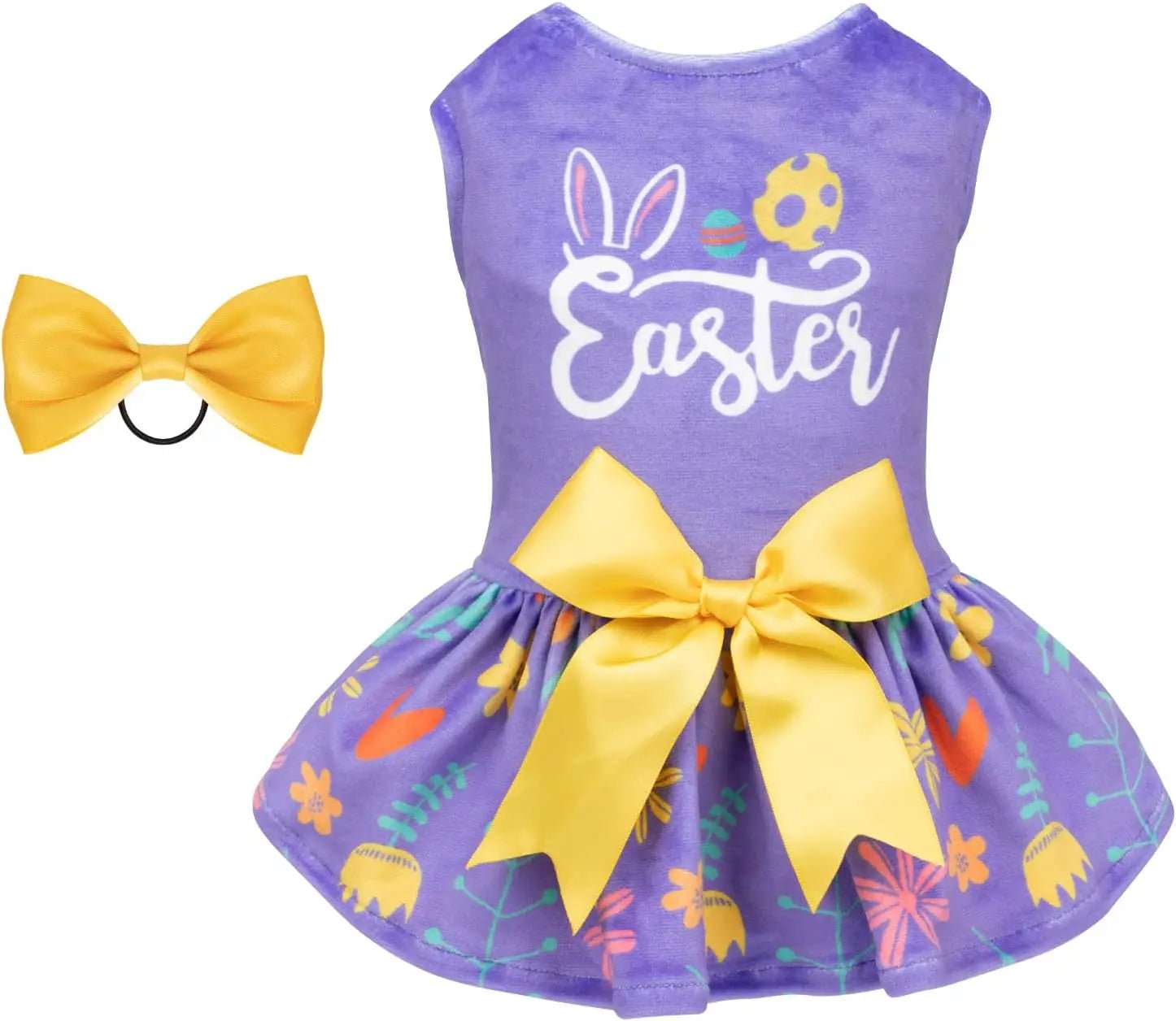 Easter velvet dog dress in purple with yellow bows and Easter graphic skirt