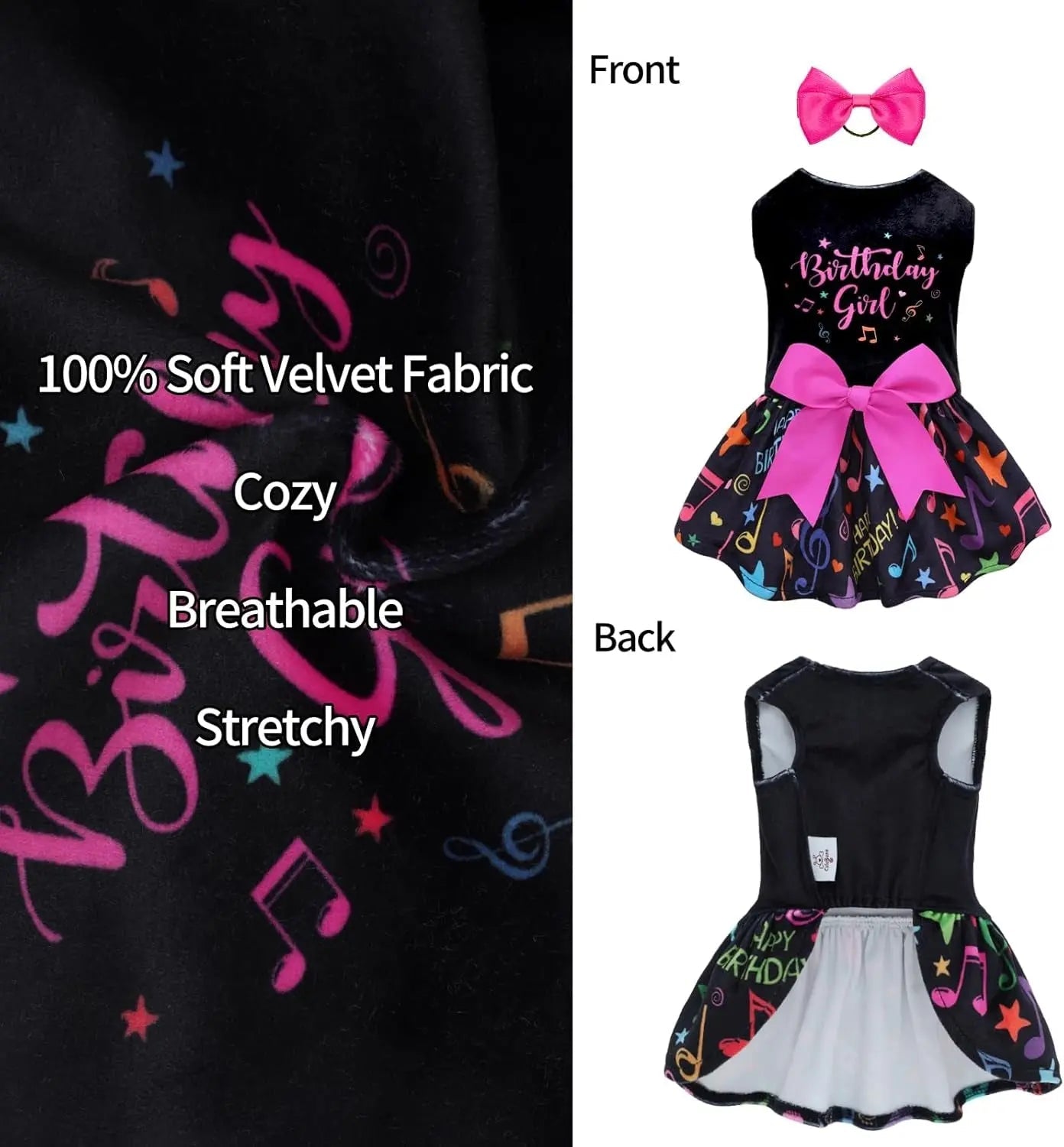 Small dog birthday velvet dress with two pink bows and colorful note-print skirt