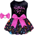 Small dog velvet birthday dress with pink bow and colorful music-note skirt