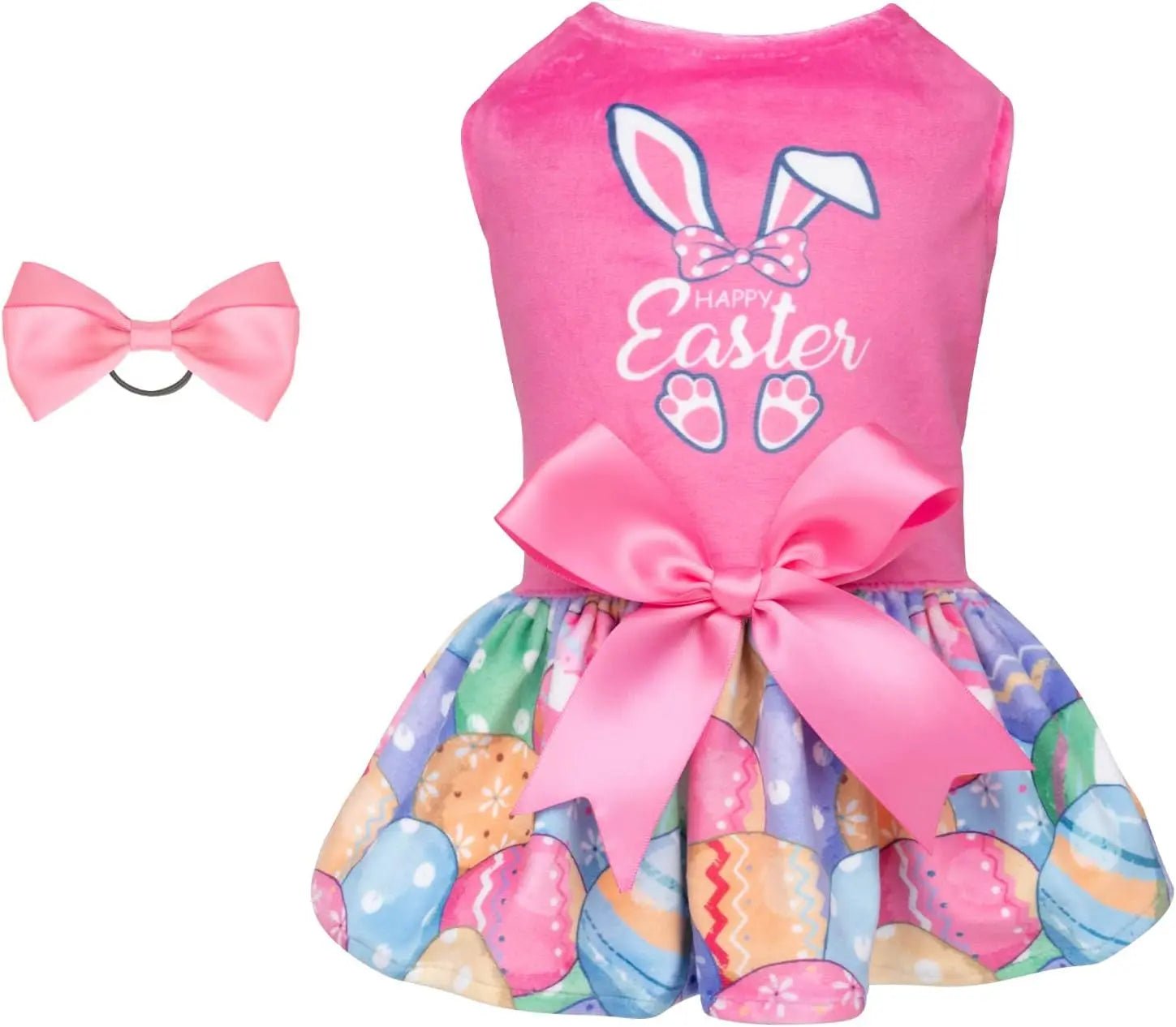 Easter velvet dog dress with bunny graphic, pink bow, and colorful egg skirt
