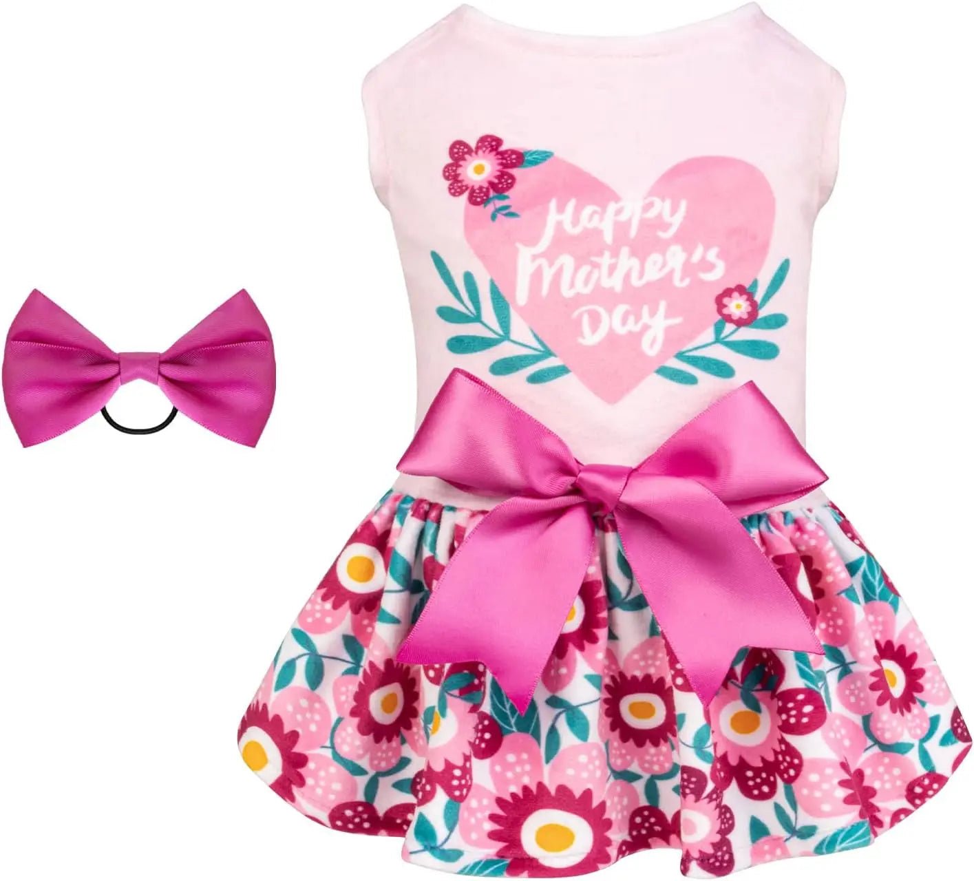 Mother’s Day velvet dog dress with heart message, pink bow, and floral skirt