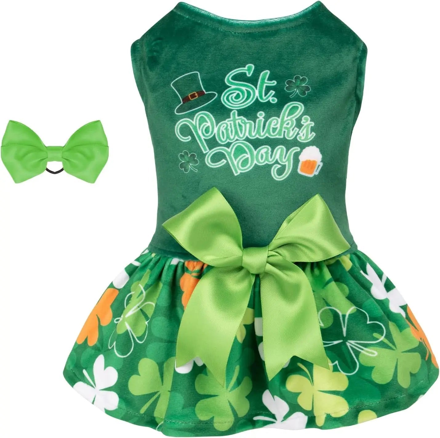 St. Patrick’s Day velvet dog dress with shamrock text, green bow, and clover skirt