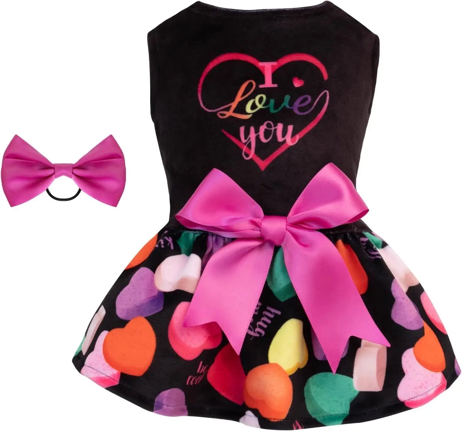 Valentine Love you velvet dog dress with pink bow and multicolor heart skirt