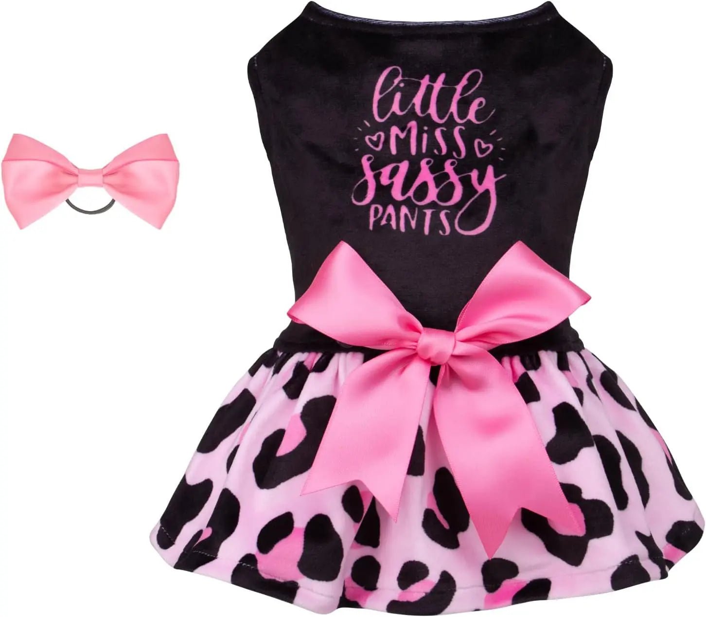Little Miss Sassy Pants velvet dog dress with pink bow and leopard-print skirt