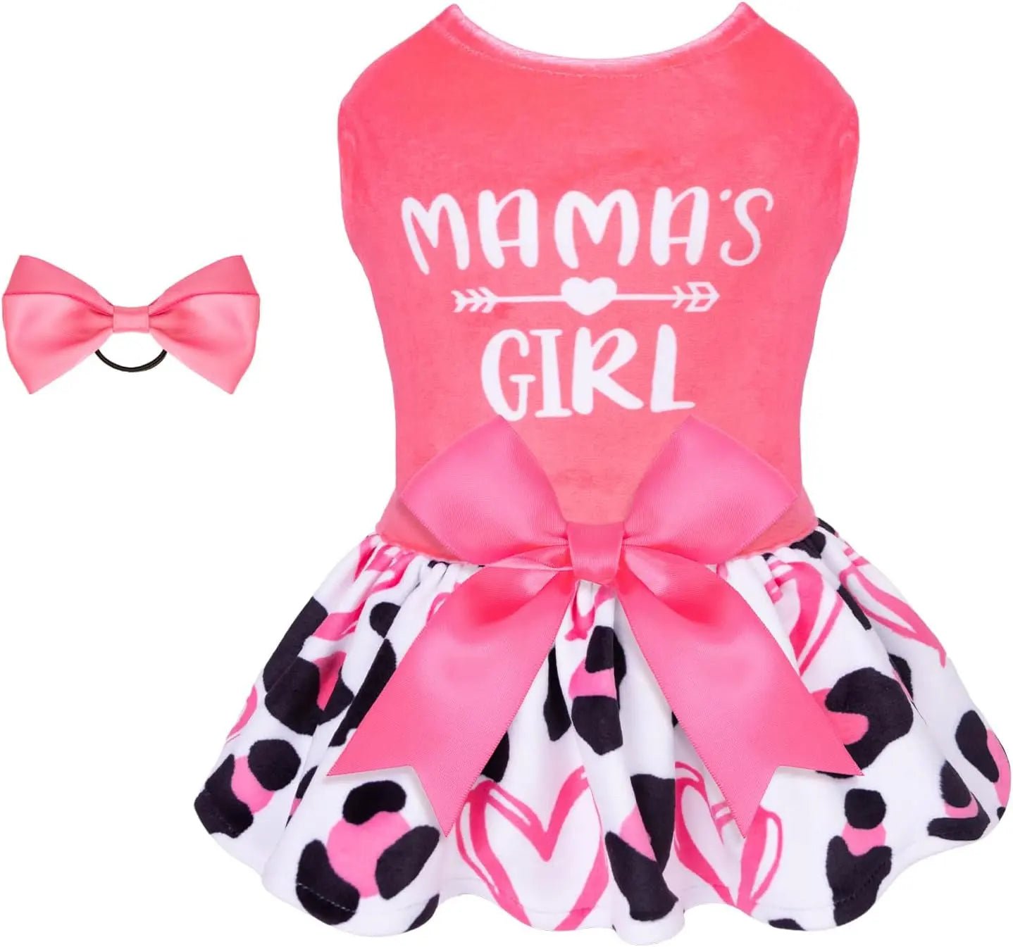 Mom’s girl velvet dog dress with pink top, bow, and leopard-print skirt