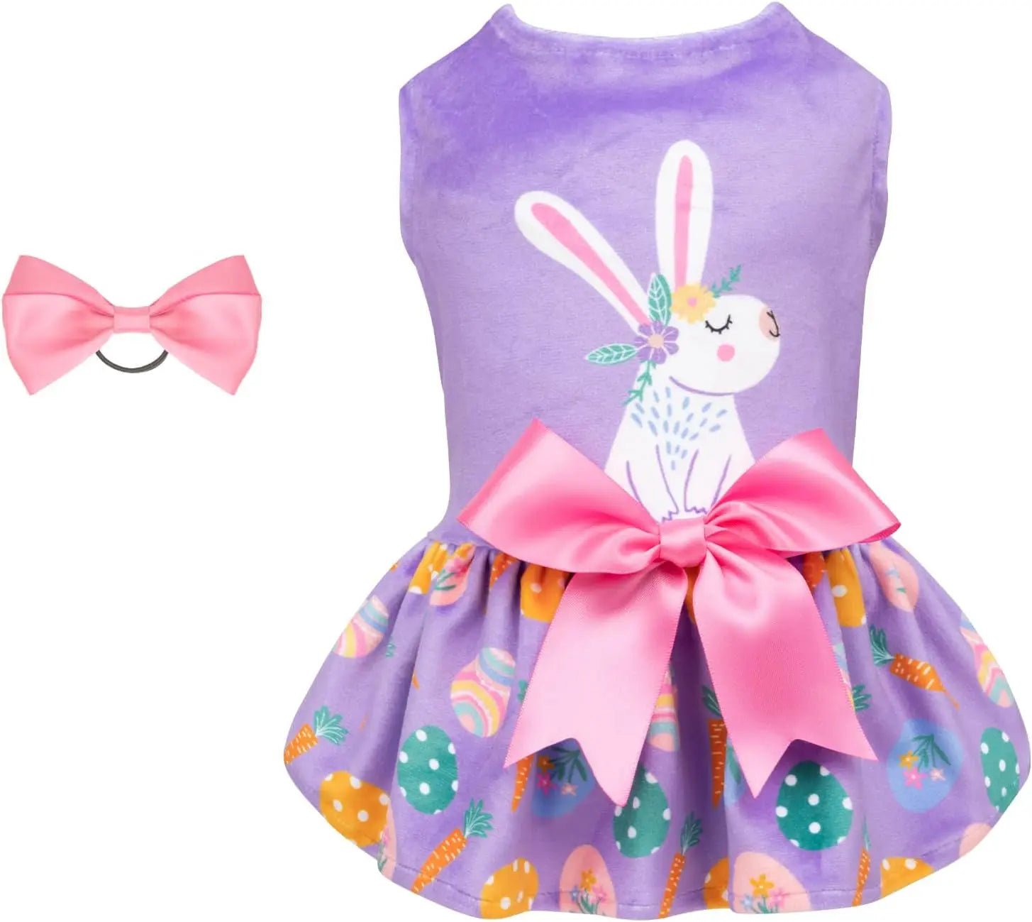 Easter velvet dog dress with bunny graphic, pink bow, and multicolor egg skirt