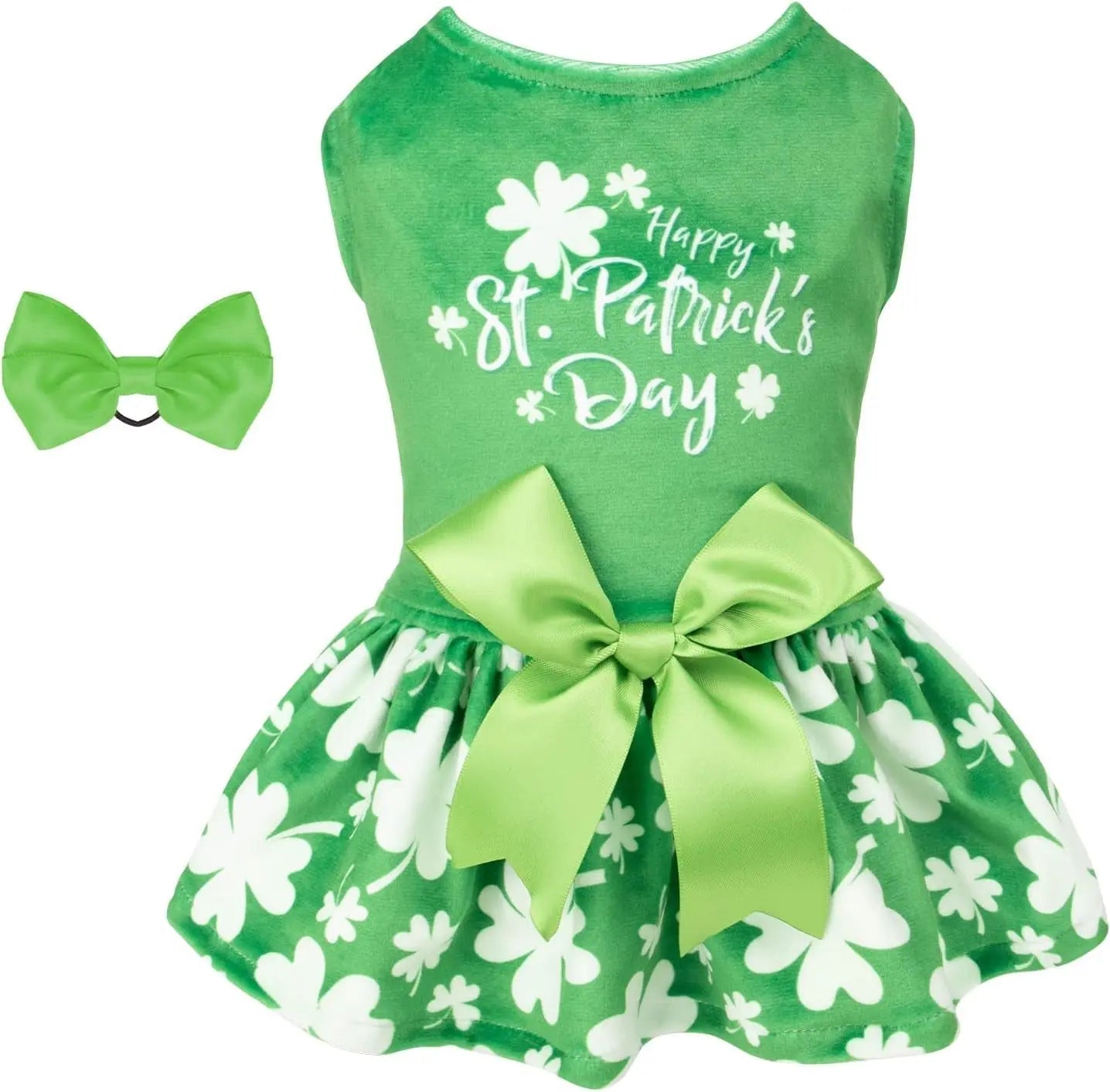St. Patrick’s Day velvet dog dress with green bow and shamrock print
