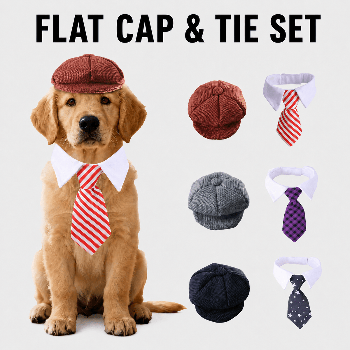 Vintage Flat Cap & Tie Set for Dogs and Cats Gentleman Pet Costume Accessories Fursace Luxury Dog Plush Toy - Blue Red Squeaky | Cookies Wagging Friends Boutique Cookies Wagging Friends Boutique