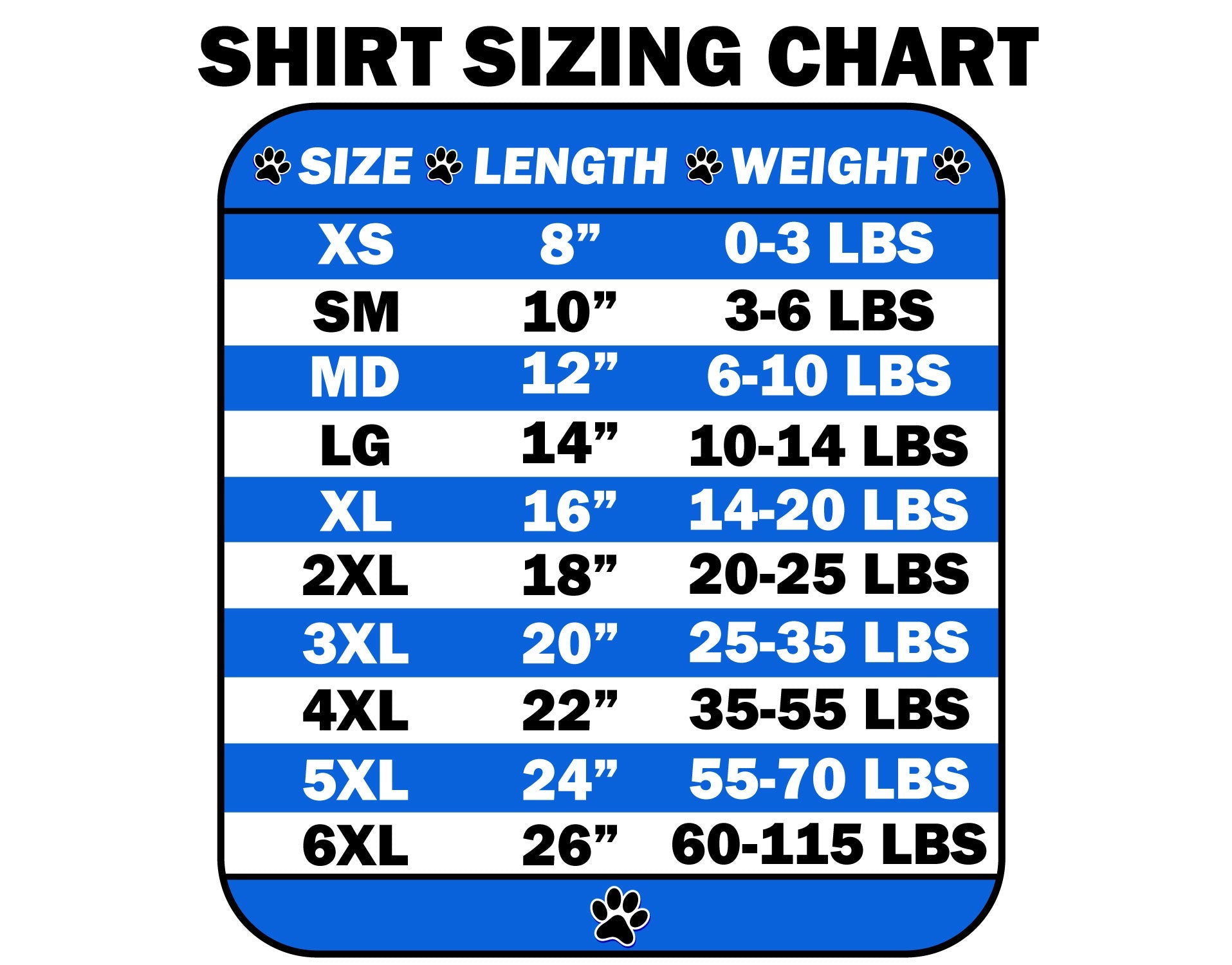 Shirt sizing chart with size, length, and weight guide