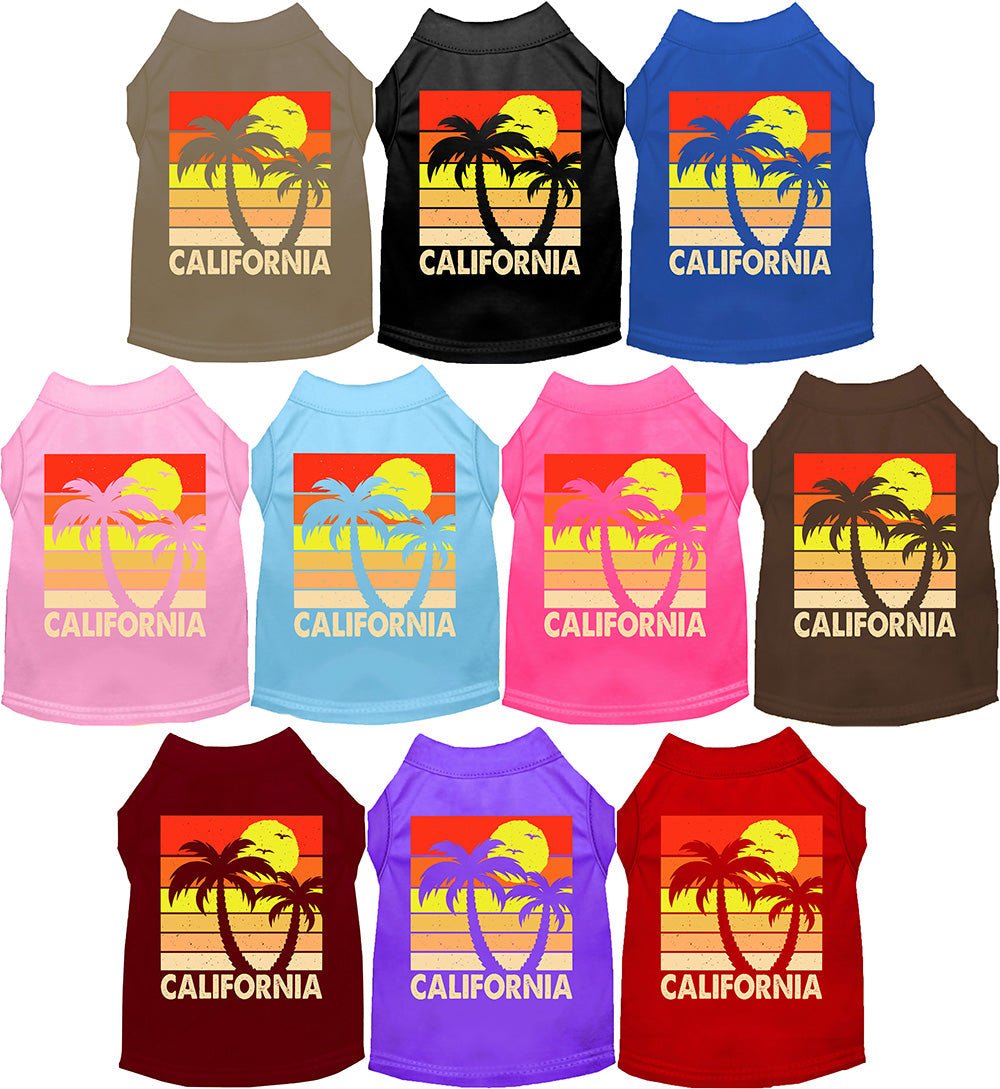 Pet T-shirt, tan, orange California palm sunset graphic