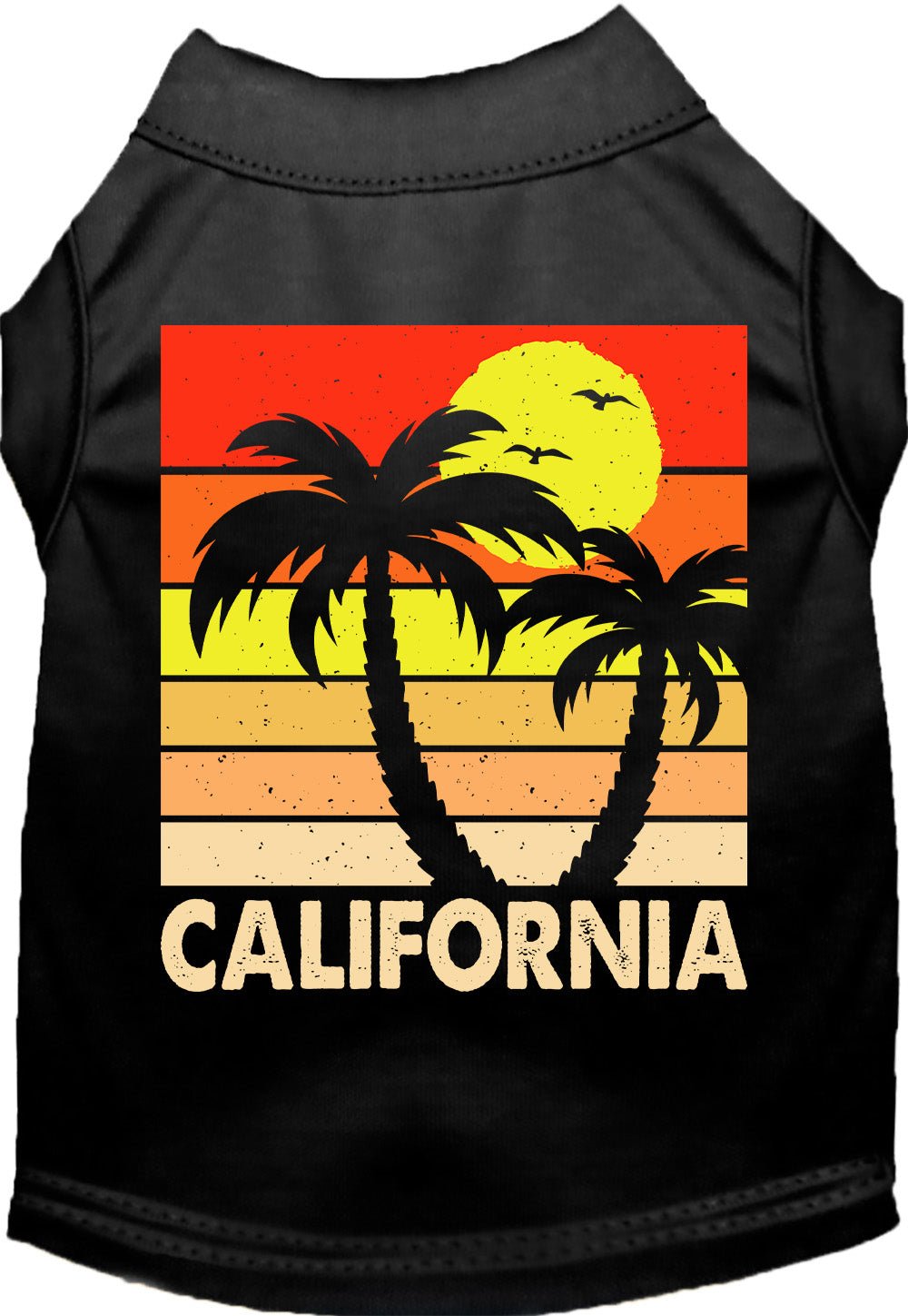 Pet T-shirt, black, orange-and-yellow California palm graphic