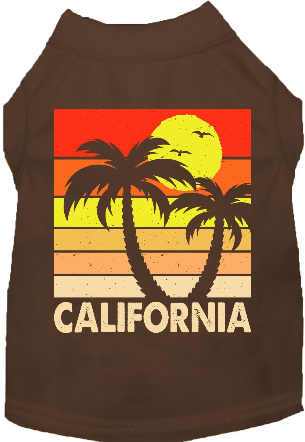 Pet T-shirt, brown, orange California palm sunset graphic