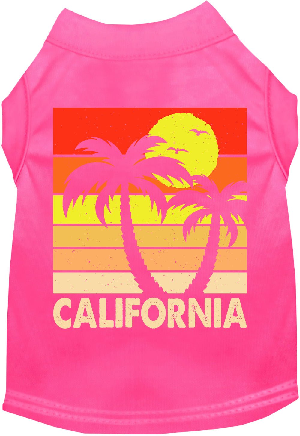 Pet T-shirt, bright pink, orange California palm sunset graphic