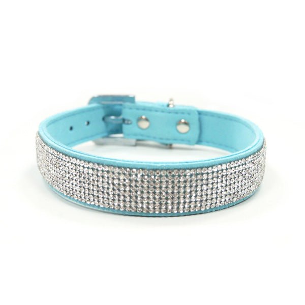 Baby blue rhinestone pet collar with silver sparkle trim and metal buckle