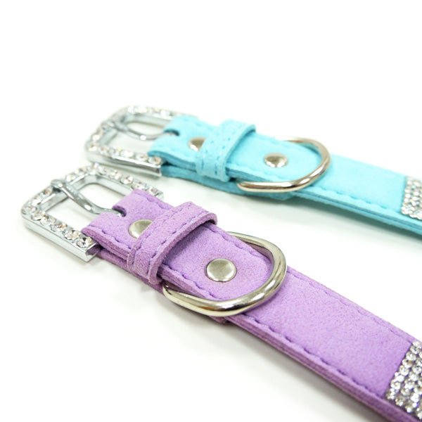 Lavender and baby blue rhinestone pet collars with metal rings and straps