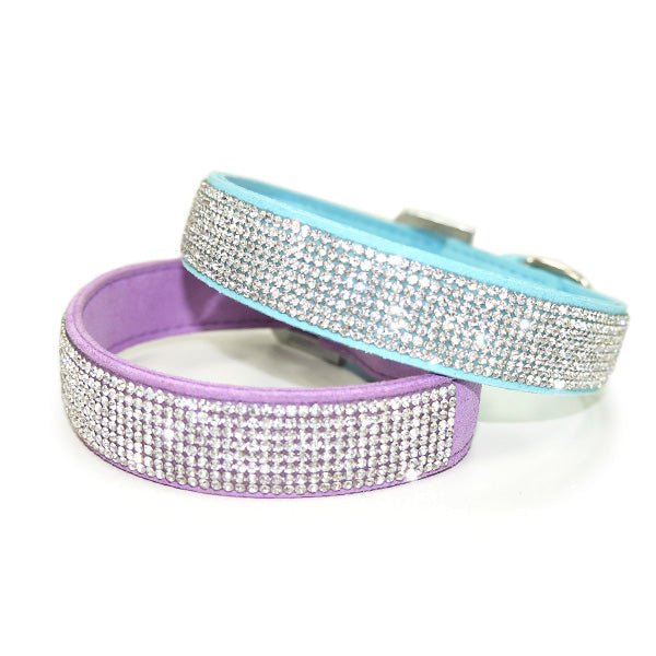 Two rhinestone pet collars: baby blue and purple, both with metal buckle