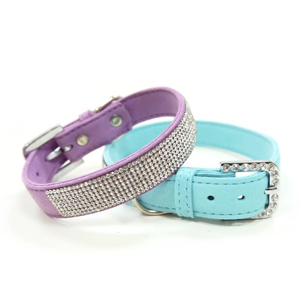 Two rhinestone pet collars, lavender and baby blue, with silver buckle and metal ring