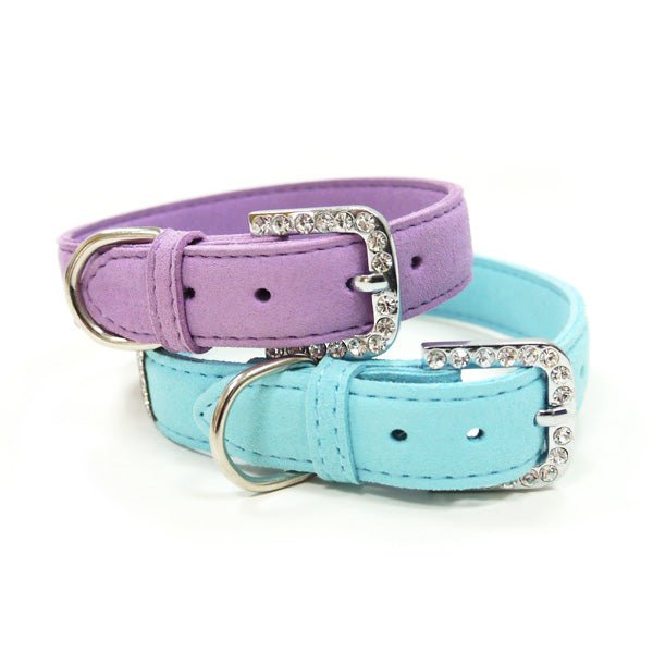 Two rhinestone pet collars in lavender and baby blue with jeweled rectangular buckle
