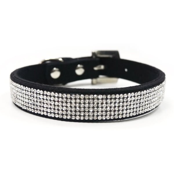 Black pet collar with silver rhinestone band and metal buckle hardware