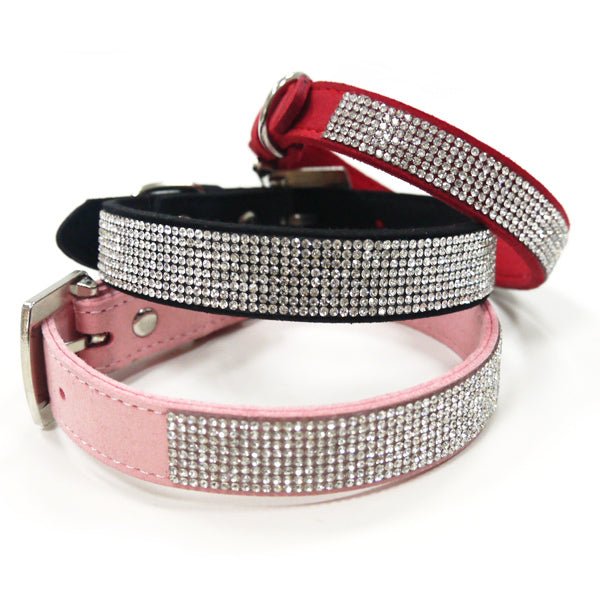Rhinestone pet collars in pink, black, and red with metal buckle hardware