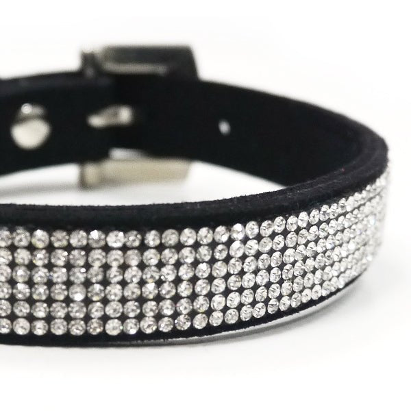 Close-up of black pet collar with silver rhinestone band and metal studs