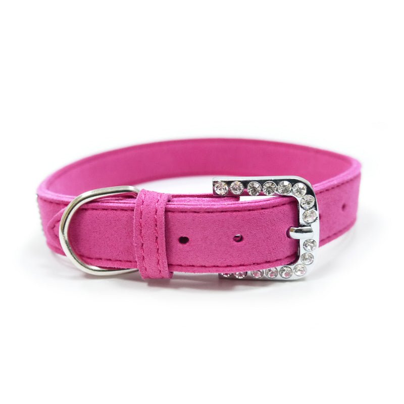 Fuchsia pink rhinestone pet collar with silver jeweled buckle and metal ring