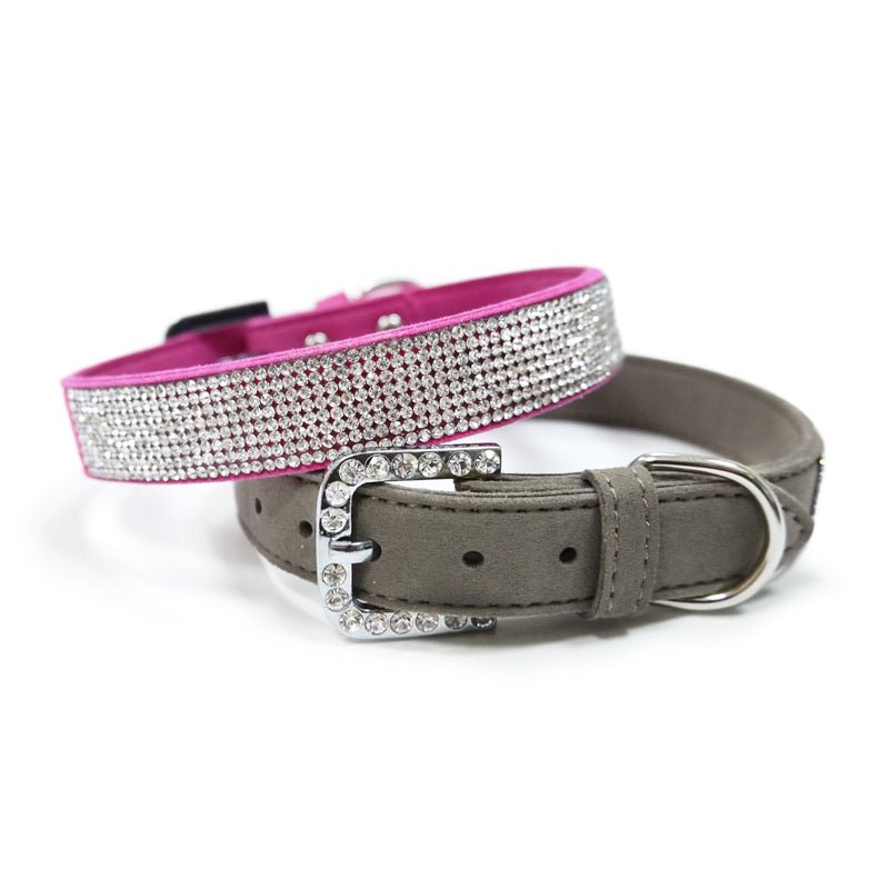 Pink rhinestone pet collar with gray buckle and silver charm-stud details