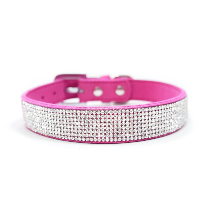 Fuchsia pink rhinestone pet collar with silver sparkle band and metal buckle