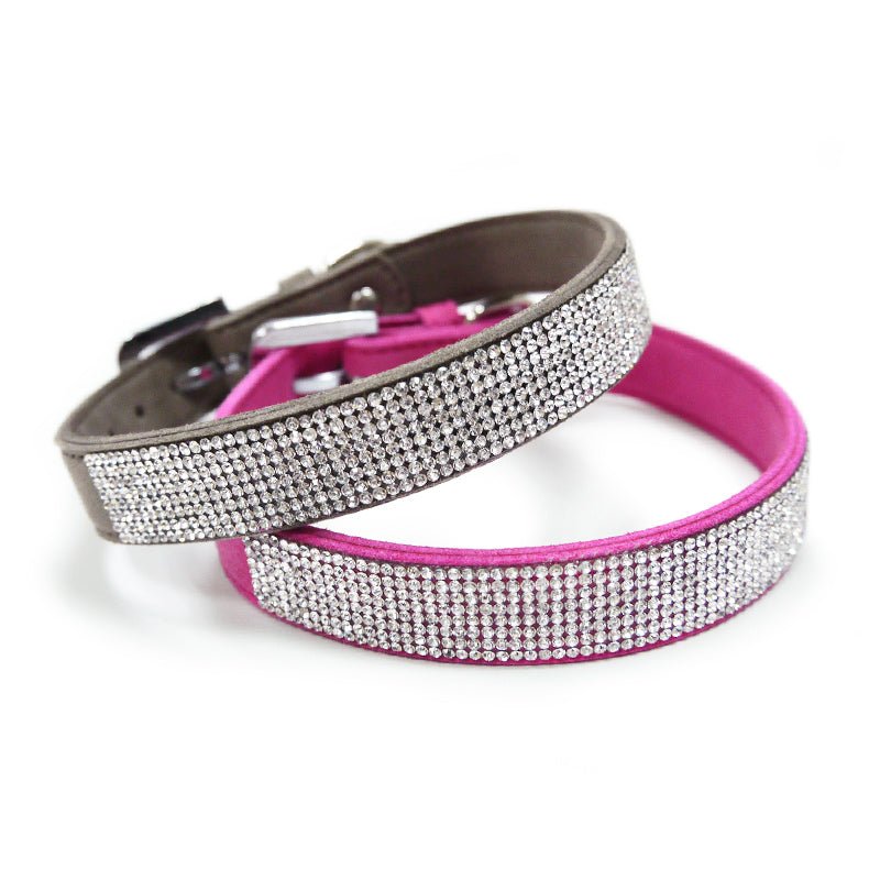 Pink rhinestone dog collar with adjustable buckle and silver sparkle band