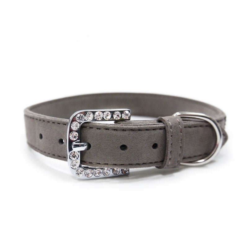 Dark gray rhinestone pet collar close-up with silver buckle and metal ring
