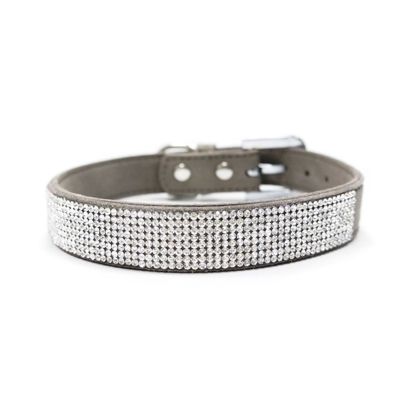 Silver rhinestone pet collar with dark gray inner strap and metal buckle