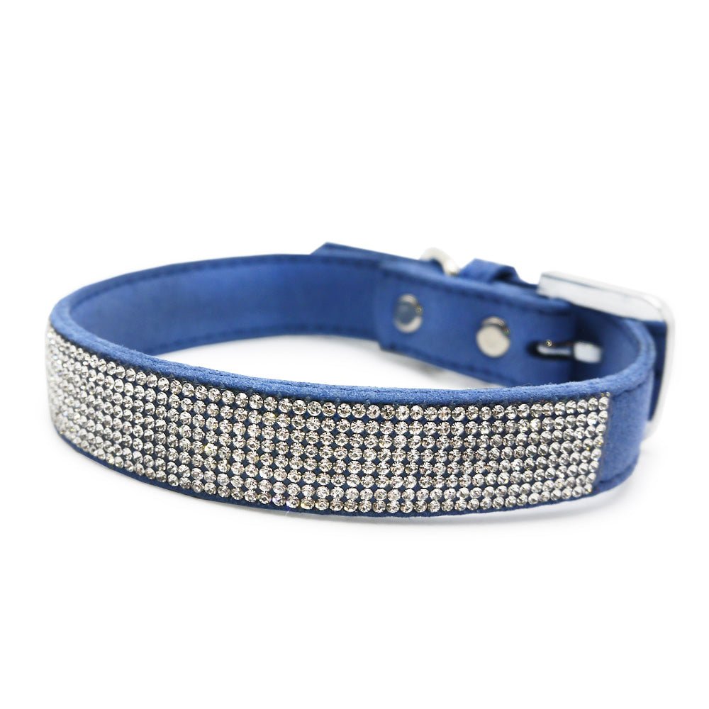 Navy blue rhinestone pet collar with adjustable buckle and silver sparkle band