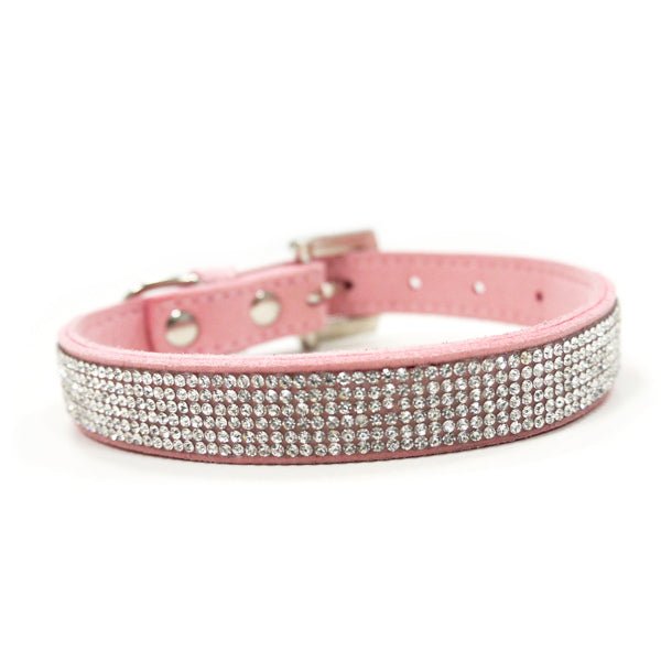 Pink pet collar with silver rhinestone band and metal buckle hardware