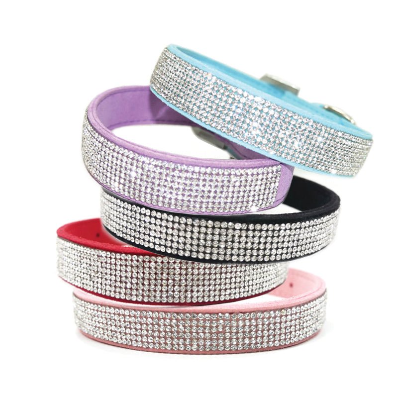 Rhinestone pet collar set with multiple colored bands: purple, black, red, and pink