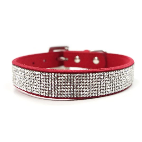 Red pet collar with silver rhinestone band and metal buckle hardware