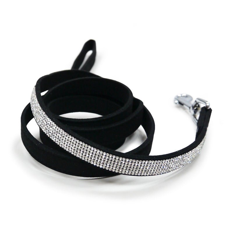 Black bling dog leash with wide rhinestone band and silver clasp hardware