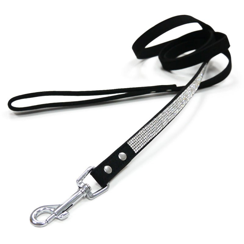 Black bling dog leash with rhinestone strap, metal clasp and D-ring hardware
