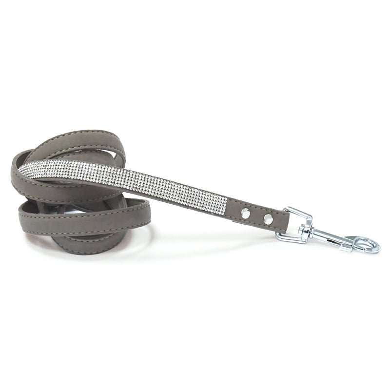 Gray dog leash with rhinestone strip and chrome snap clasp