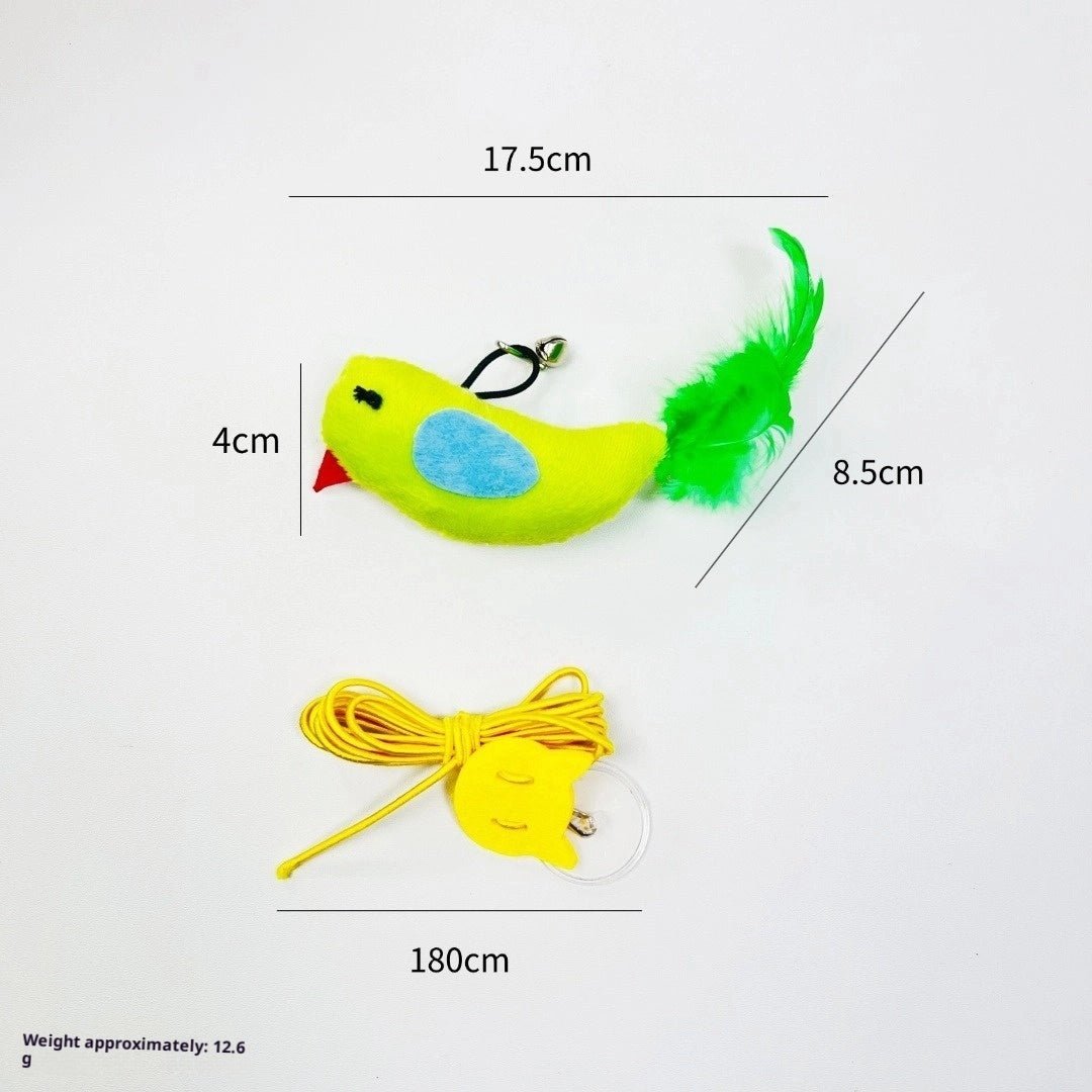 Lime green plush bird cat teaser toy with green feather tail and long yellow rope