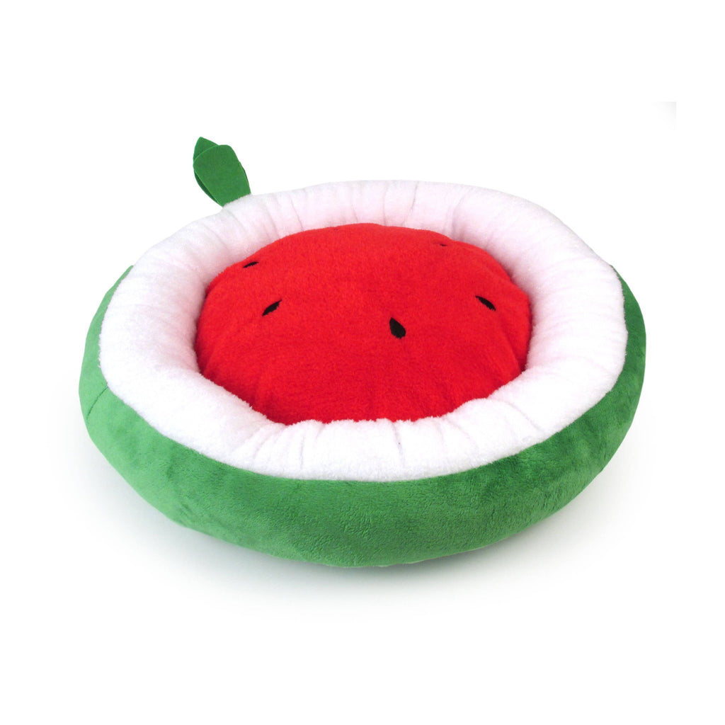 Watermelon-shaped pet bed with red plush fruit, green sides, and white fluffy rim